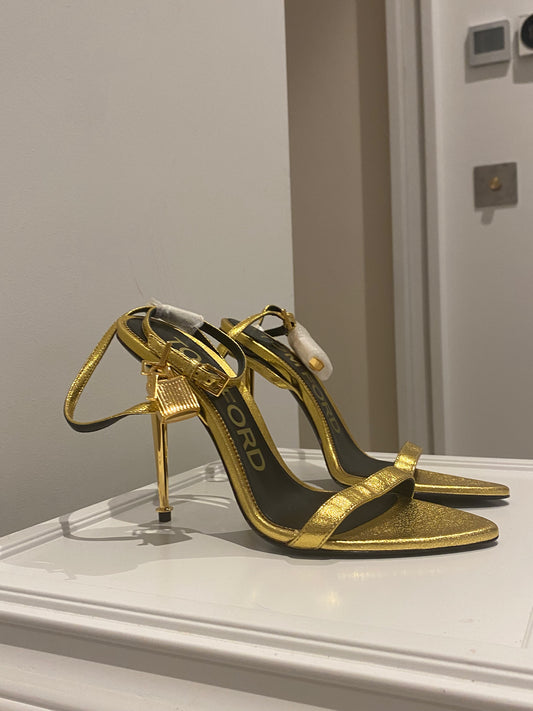 Tom Ford Padlock Sandals – Laminated Nappa Leather, Metallic Gold (EU 37)