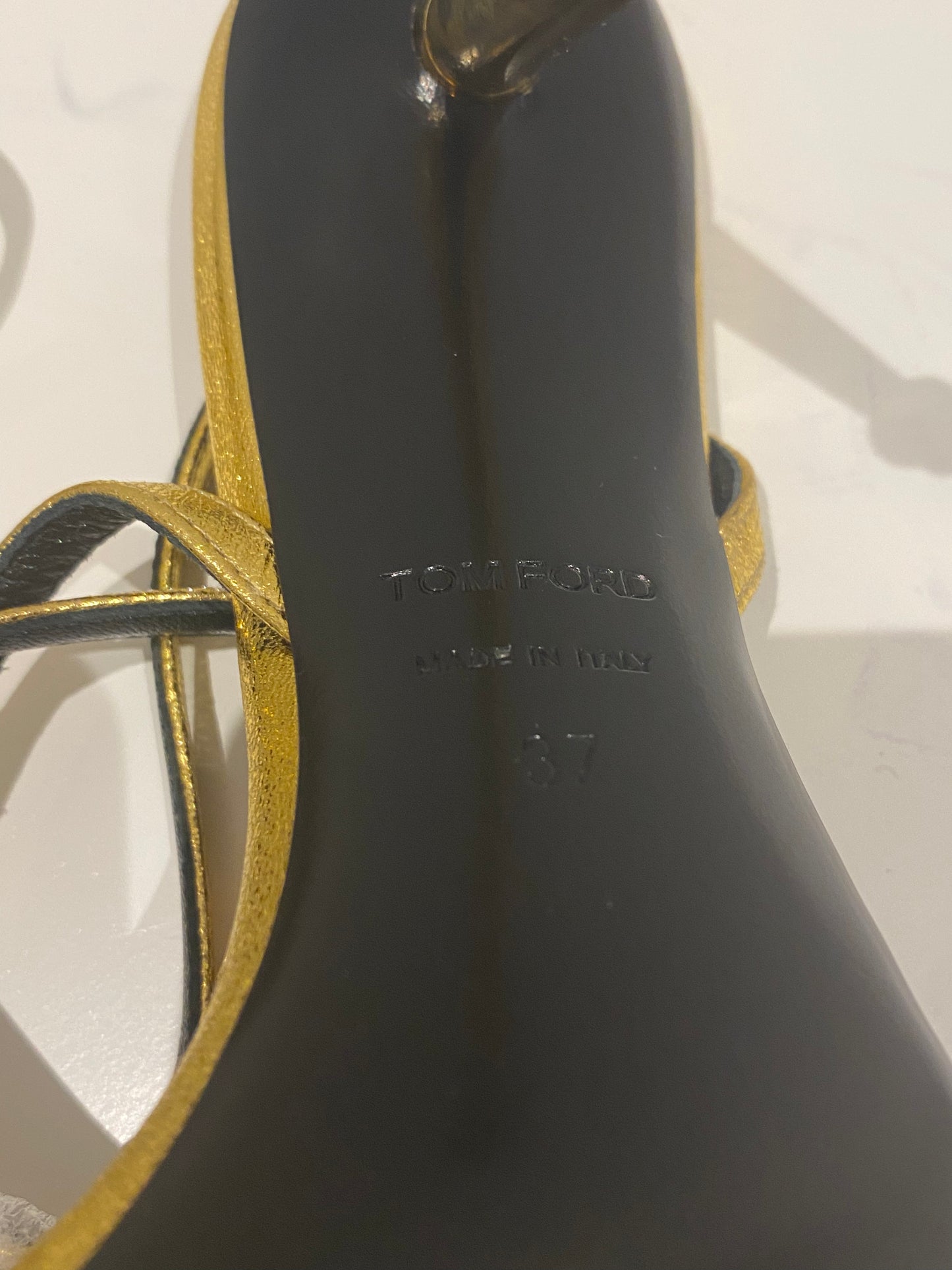 Tom Ford Padlock Sandals – Laminated Nappa Leather, Metallic Gold (EU 37)